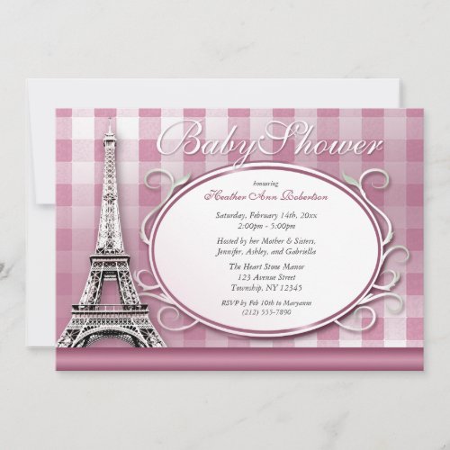 Eiffel Tower Pink Gingham Parisian Baby Shower Invitation