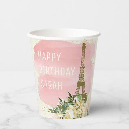 Eiffel Tower Pink Gold Glitter Happy Birthday Paper Cups
