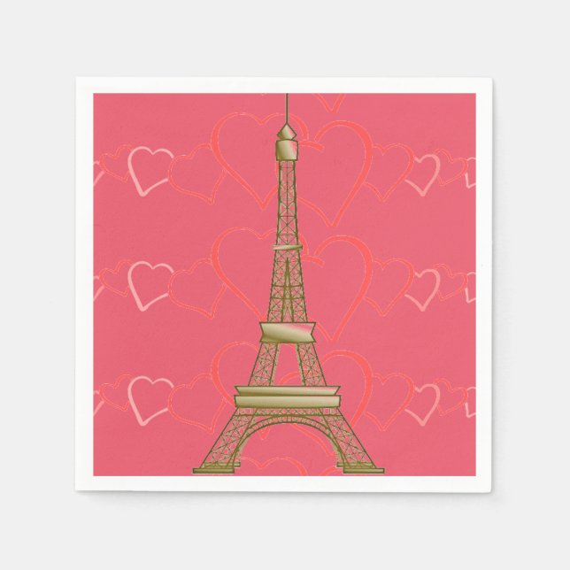 Eiffel Tower Pink Hearts Paris Paper Napkins (Front)
