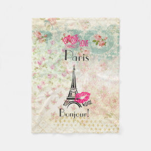 Eiffel Tower & Pink Lips Vintage Pattern Fleece Blanket