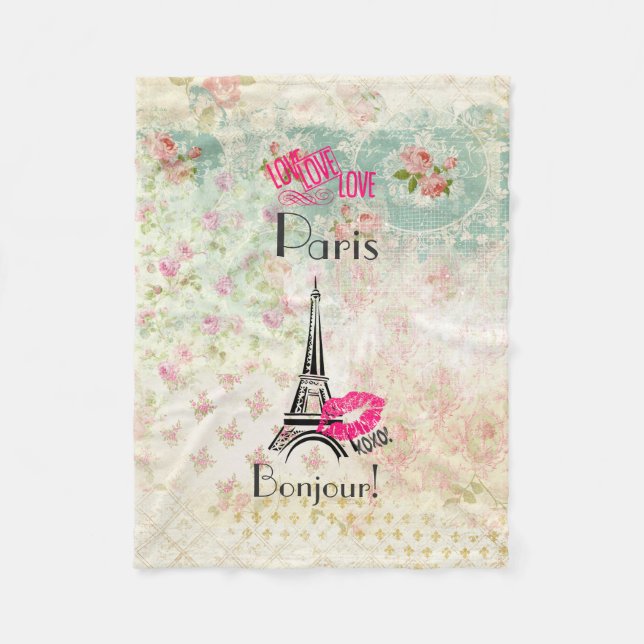 Eiffel Tower & Pink Lips Vintage Pattern Fleece Blanket (Front)