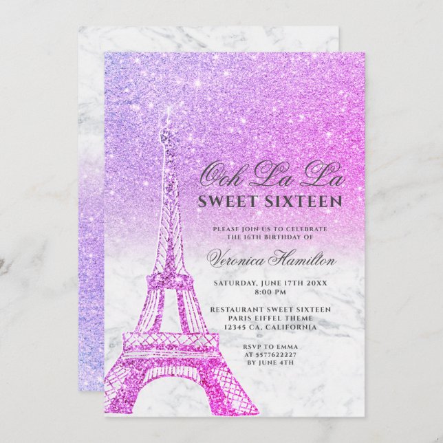Eiffel tower pink purple glitter marble Sweet 16 Invitation (Front/Back)