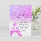 Eiffel tower pink purple glitter marble Sweet 16 Invitation (Standing Front)