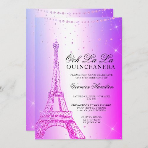 Eiffel tower pink purple metallic foil quinceanera invitation