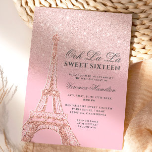 Eiffel tower pink rose gold glitter Sweet 16 Invitation