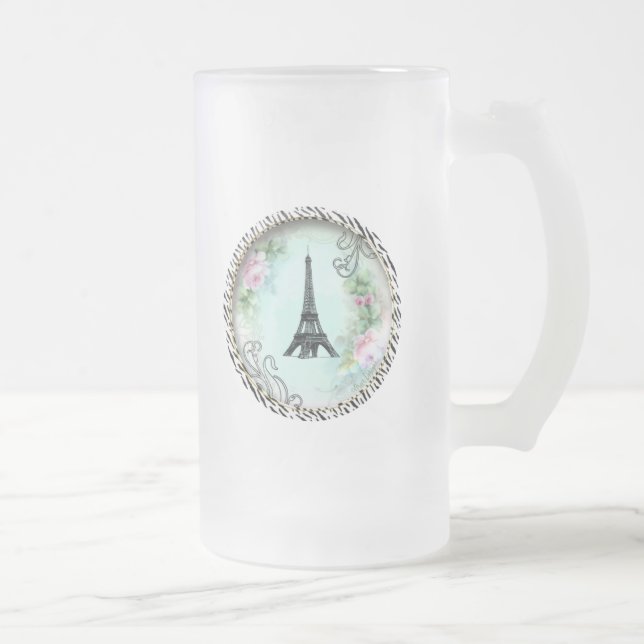 Eiffel Tower Pink Roses and Zebra Print Frosted Glass Beer Mug (Right)