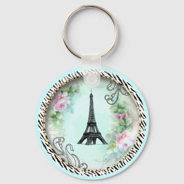 Eiffel Tower Pink Roses and Zebra Print Keychain (Front)