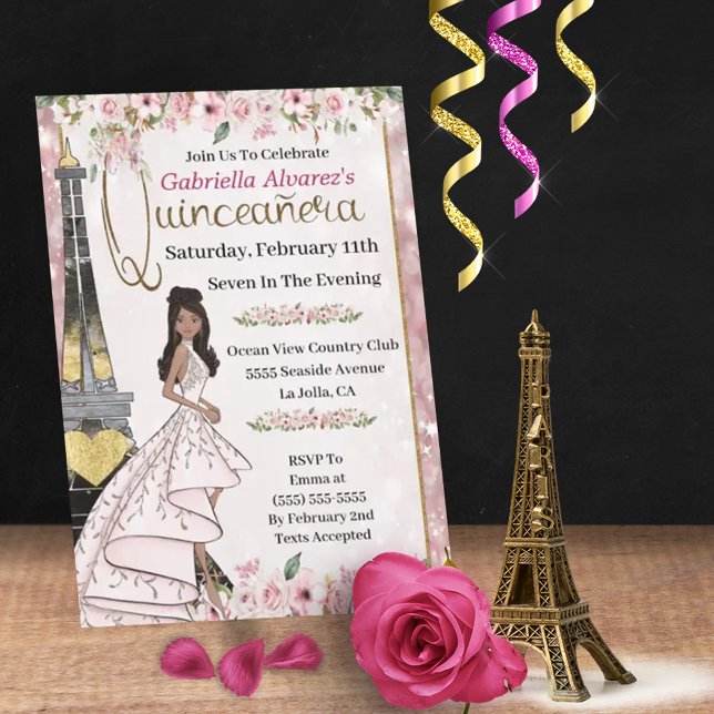 Eiffel Tower Pink Sparkle Glamour Girl Quinceanera Invitation