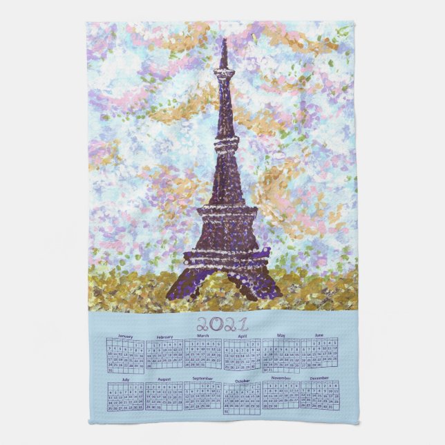 Eiffel Tower Pointillism Landscape 2021 Calendar Kitchen Towel (Vertical)