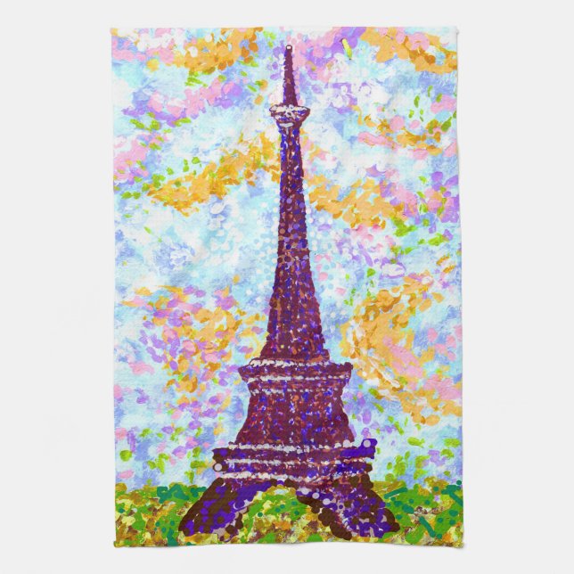 Eiffel Tower Pointillism Spring Landscape Kitchen Towel (Vertical)
