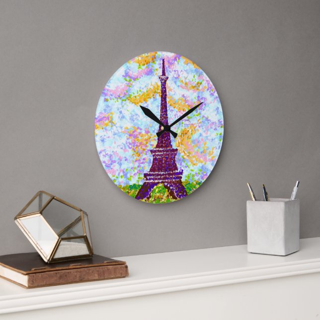 Eiffel Tower Pointillism Spring Landscape Large Clock (Office)