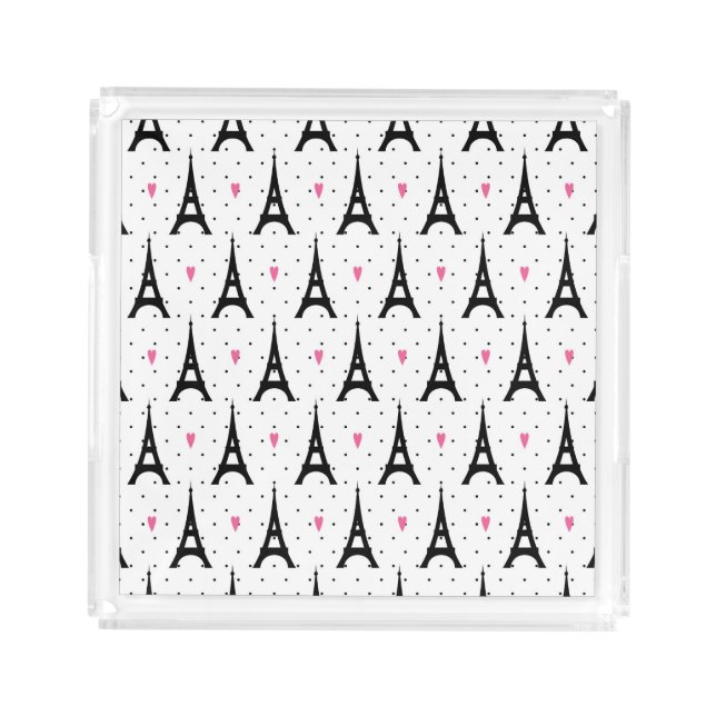 Eiffel Tower Polka Dots & Hearts Pattern Acrylic Tray (Front)