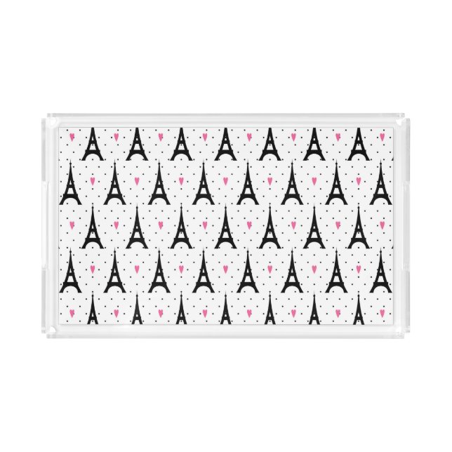 Eiffel Tower Polka Dots & Hearts Pattern Acrylic Tray (Front)