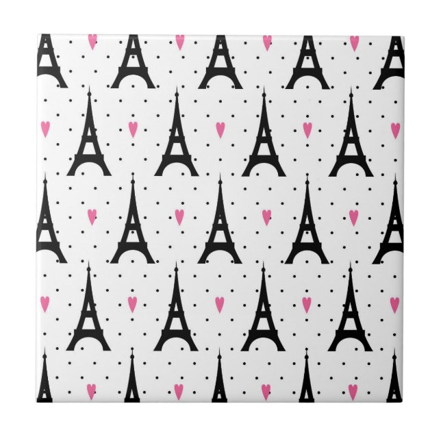 Eiffel Tower Polka Dots & Hearts Pattern Ceramic Tile (Front)