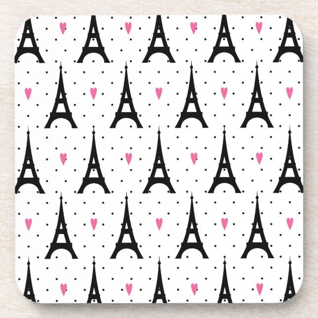 Eiffel Tower Polka Dots & Hearts Pattern Coaster (Front)