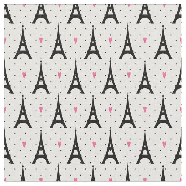 Eiffel Tower Polka Dots & Hearts Pattern Fabric (Close Up)