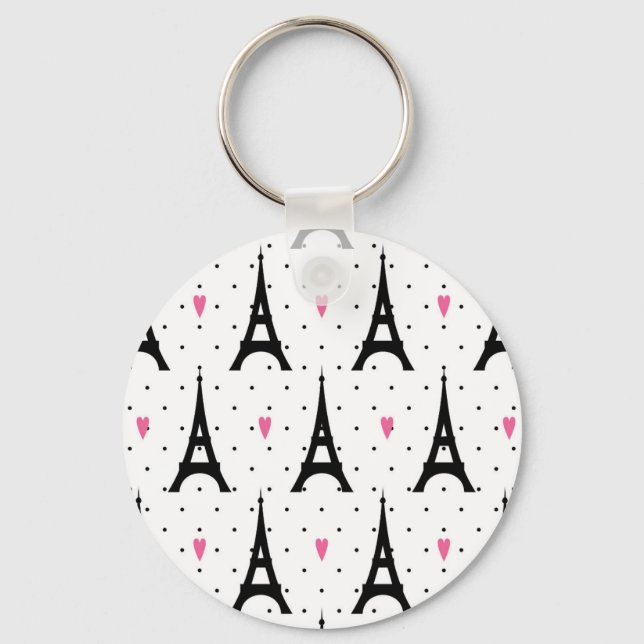 Eiffel Tower Polka Dots & Hearts Pattern Keychain (Front)