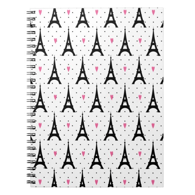 Eiffel Tower Polka Dots & Hearts Pattern Notebook (Front)
