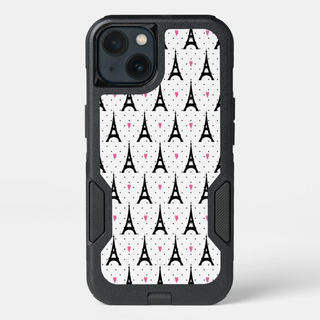 Eiffel Tower Polka Dots & Hearts Pattern Otterbox iPhone Case (Back)