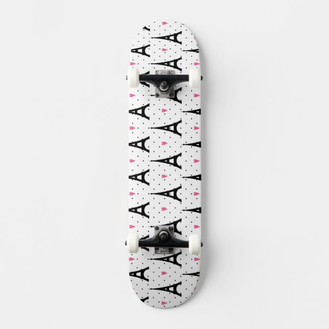 Eiffel Tower Polka Dots & Hearts Pattern Skateboard Deck (Front)