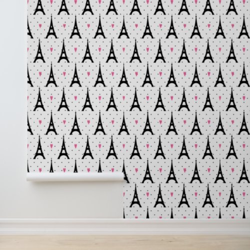 Eiffel Tower Polka Dots  Hearts Pattern Wallpaper