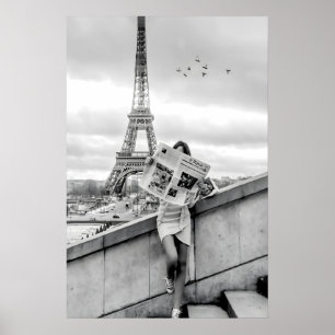 Eiffel Tower Print, Woman Reading Newspaper, Paris Poster