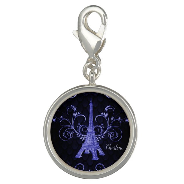Eiffel Tower Purple Floral Swirls Bracelet Charm (Front)