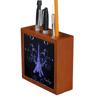 Eiffel Tower Purple Floral Swirls Desk Organizer