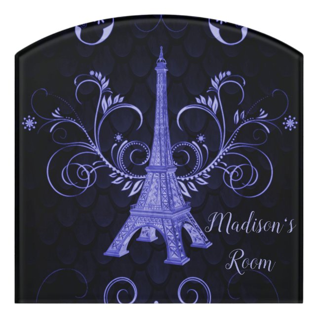 Eiffel Tower Purple Floral Swirls Door Sign (Contour Front)