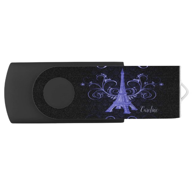 Eiffel Tower Purple Floral Swirls Flash Drive (Front)