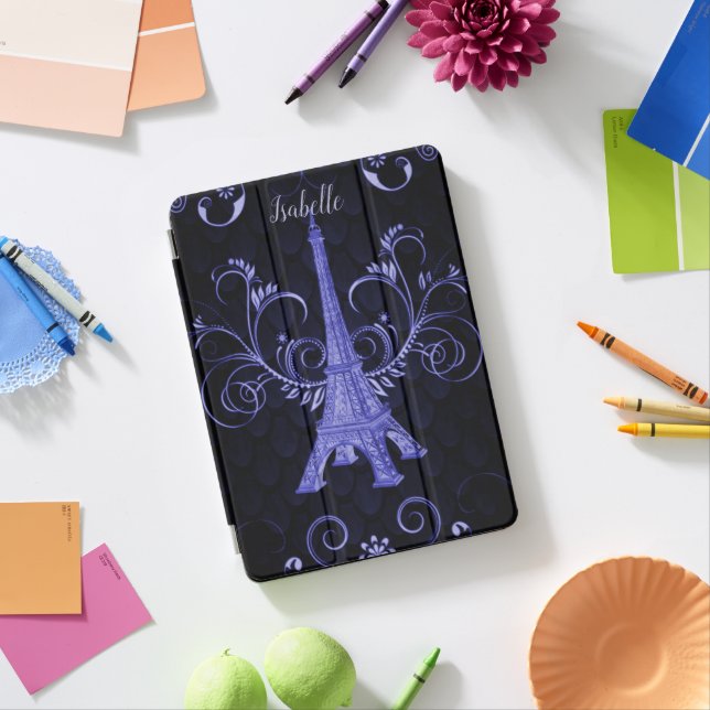 Eiffel Tower Purple Floral Swirls iPad Cover (Desk)