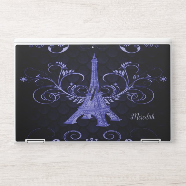 Eiffel Tower Purple Floral Swirls Laptop Skin (Front)