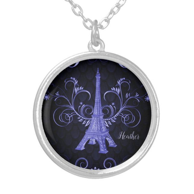 Eiffel Tower Purple Floral Swirls Necklace (Front)