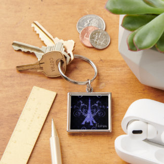 Eiffel Tower Purple Floral Swirls Square Keychain