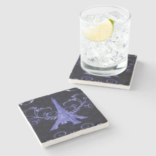 Eiffel Tower Purple Floral Swirls Stone Coaster