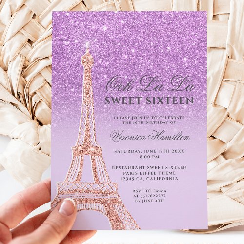 Eiffel tower purple glitter lavender Sweet 16 Invitation