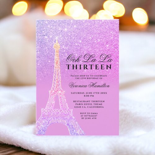 Eiffel tower purple glitter pink chic thirteen invitation