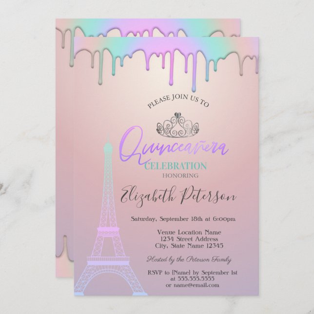  Eiffel Tower,Rainbow Drips Quinceañera  Invitation (Front/Back)