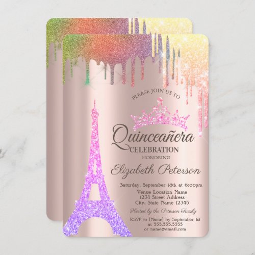  Eiffel TowerRainbow Drips Rose Gold Quinceaera Invitation