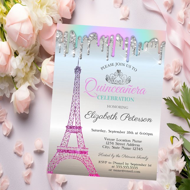 Eiffel Tower,Rainbow Drips Silver Quinceañera Invitation (Creator Uploaded)