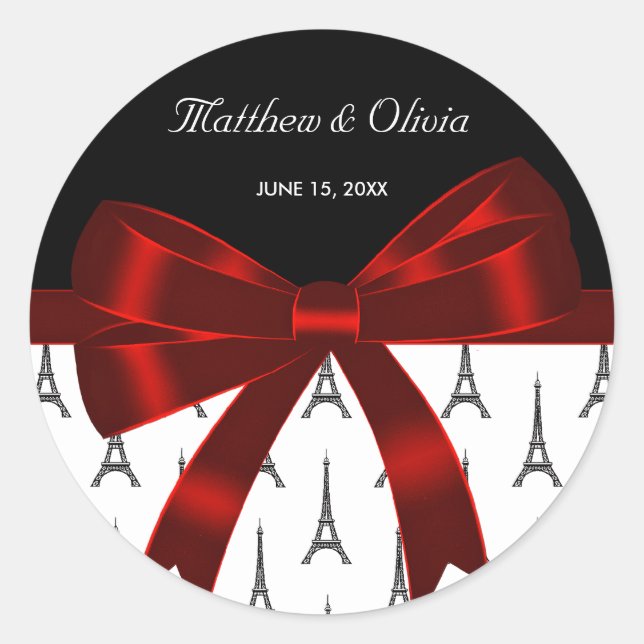Eiffel Tower Red Bow Wedding Favor Stickers (Front)