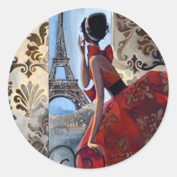 Eiffel Tower  Red Dress  Let's Go Classic Round Sticker by trishbiddle at Zazzle