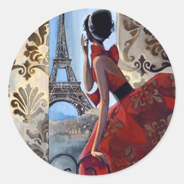 Eiffel Tower, Red Dress, Let's Go Classic Round Sticker (Front)