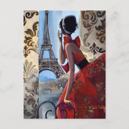 Eiffel Tower, Red Dress, Let's Go Postcard