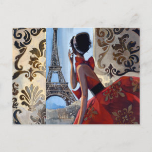 Eiffel Tower, Red Dress, Let's Go Postcard
