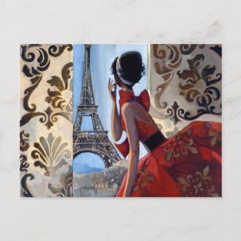 Eiffel Tower  Red Dress  Let's Go Postcard by trishbiddle at Zazzle