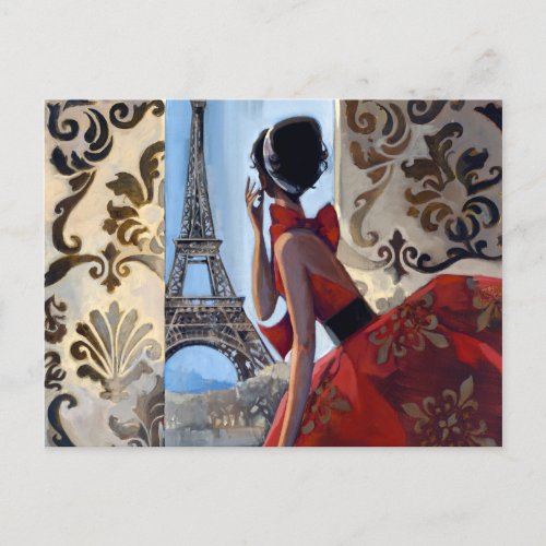 Eiffel Tower Red Dress Lets Go Postcard