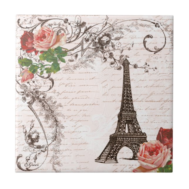Eiffel Tower Red & Pink Rose Ceramic Tile (Front)