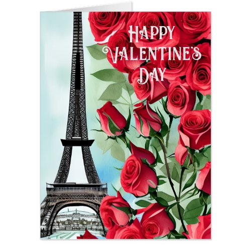 Eiffel Tower Romantic Red Roses Valentines Day Card