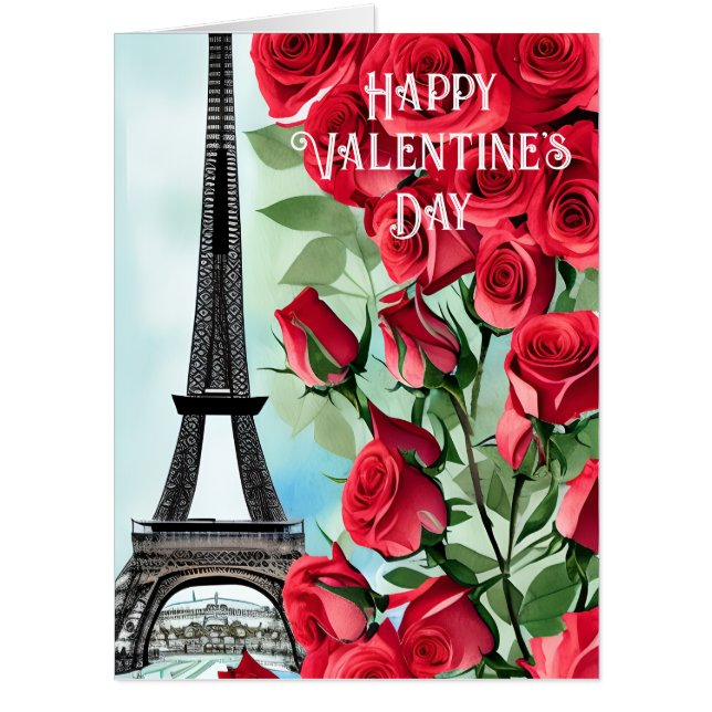Eiffel Tower Romantic Red Roses Valentine's Day Card (Front)